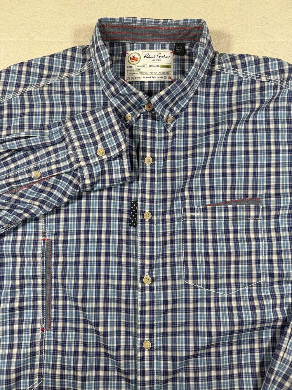 Robert Graham Jeans Long Sleeve Button Down XL Blue Plaid Patchwork Beatnik